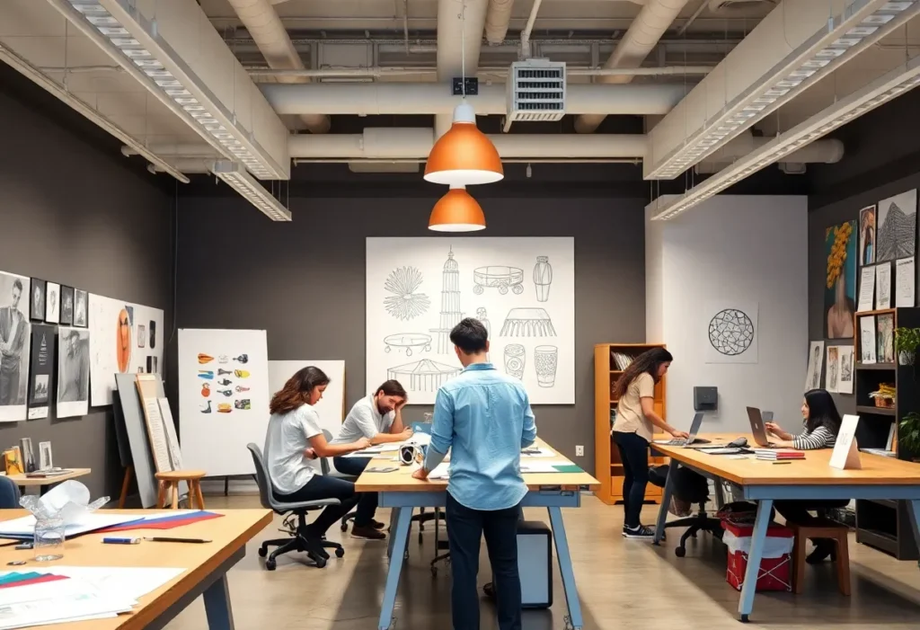 Students working in a renovated graphic arts classroom in Harbor Hall at USF St. Petersburg.