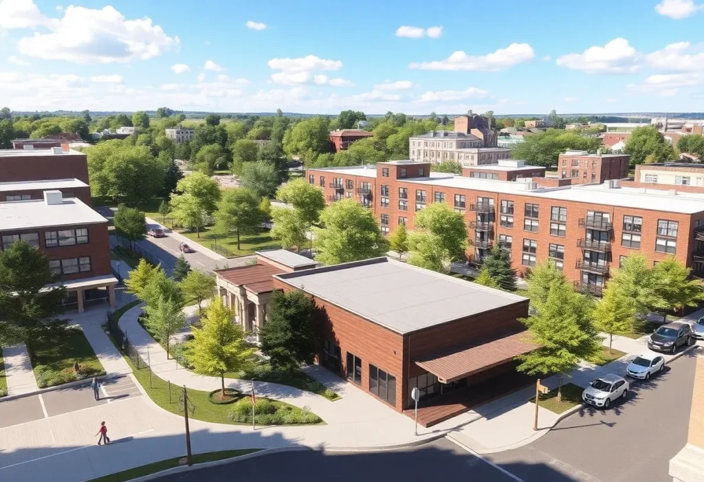 Conceptual image of the redevelopment in Historic Gas Plant District, showcasing parks and community spaces.