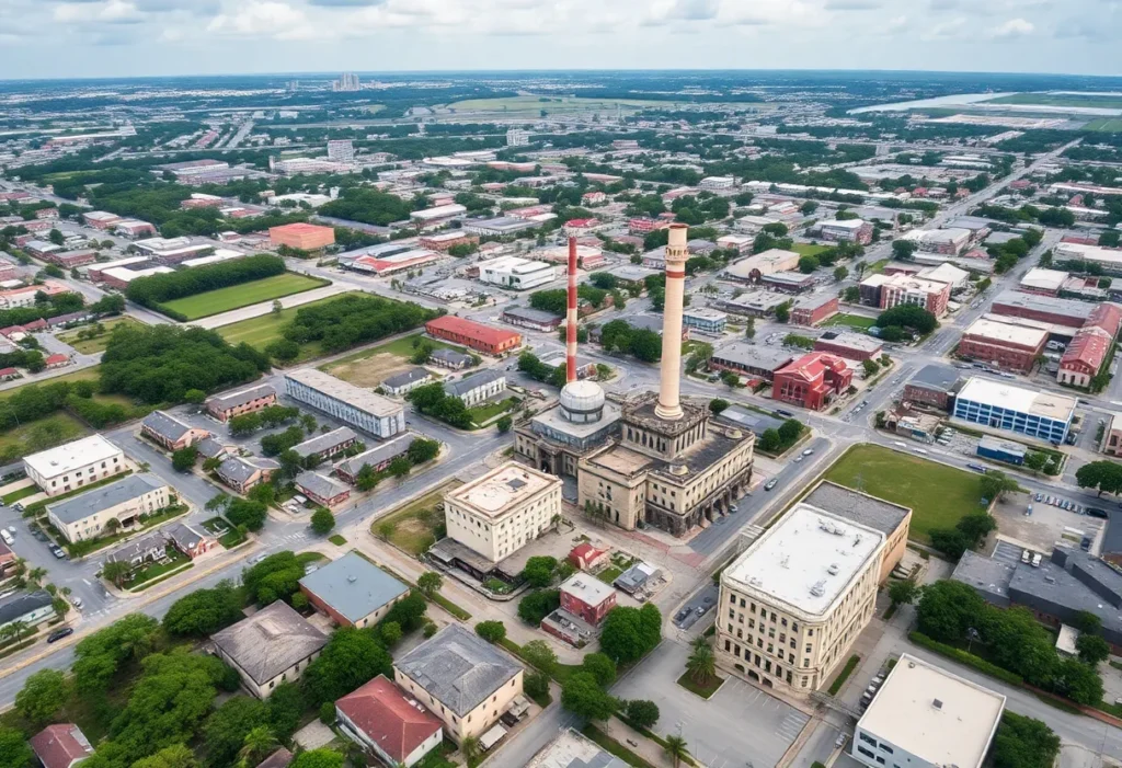 Aerial view of the Historic Gas Plant District in St. Petersburg, Florida, showing potential redevelopment areas.