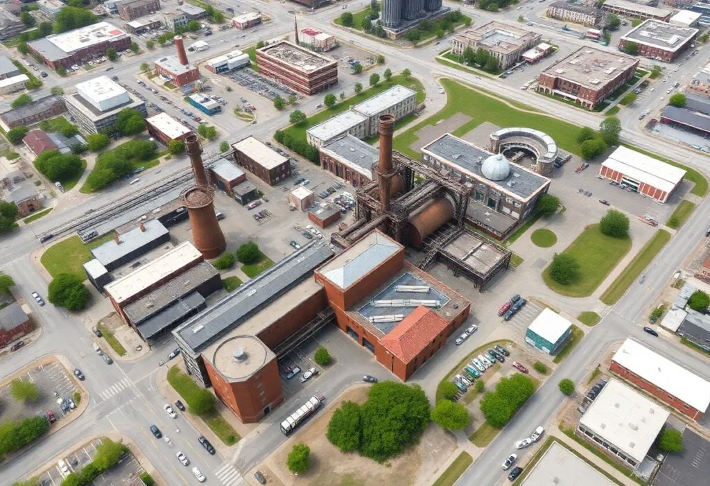 Aerial view of the Historic Gas Plant District with redevelopment plans.
