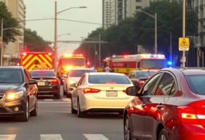 Scene of a hit-and-run accident with vehicles and emergency services