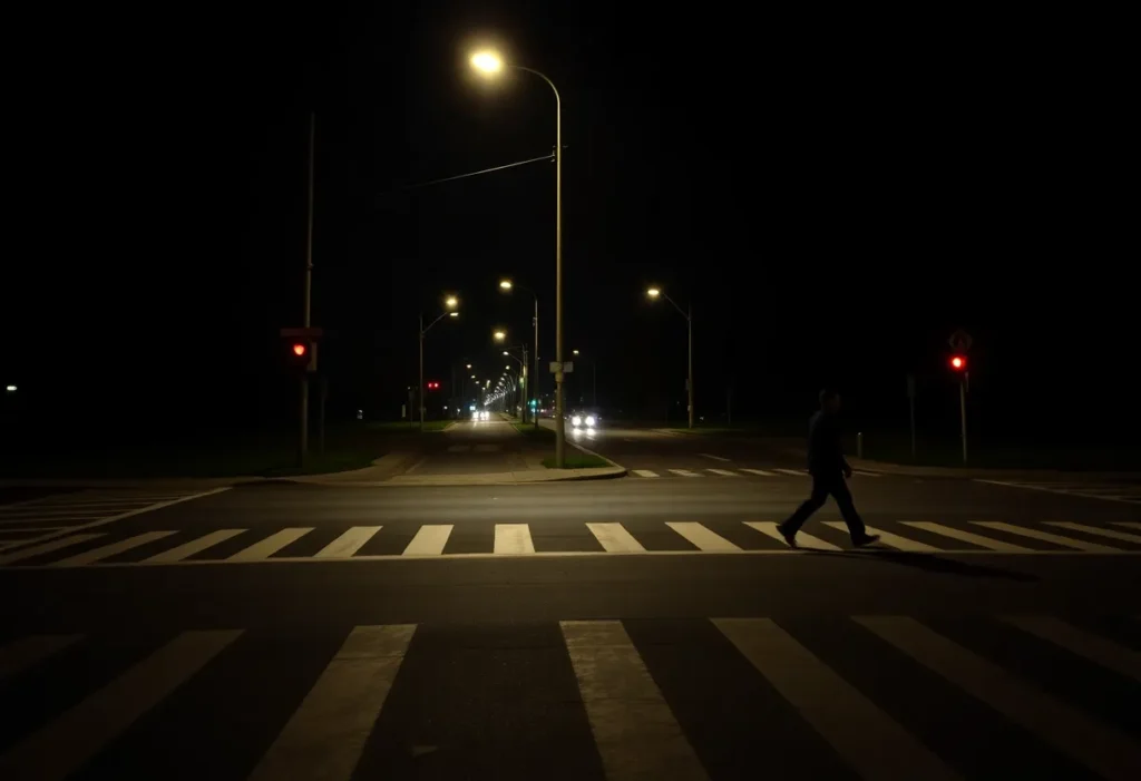 Night view of a street intersection with crosswalk