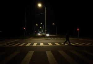 Night view of a street intersection with crosswalk