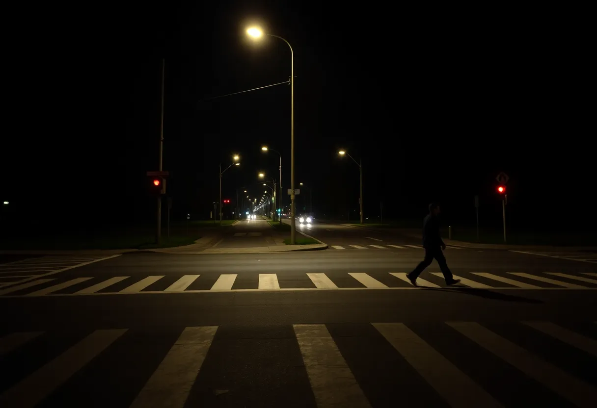 Night view of a street intersection with crosswalk