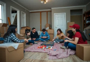 Family enjoying a game night in a flood-damaged home
