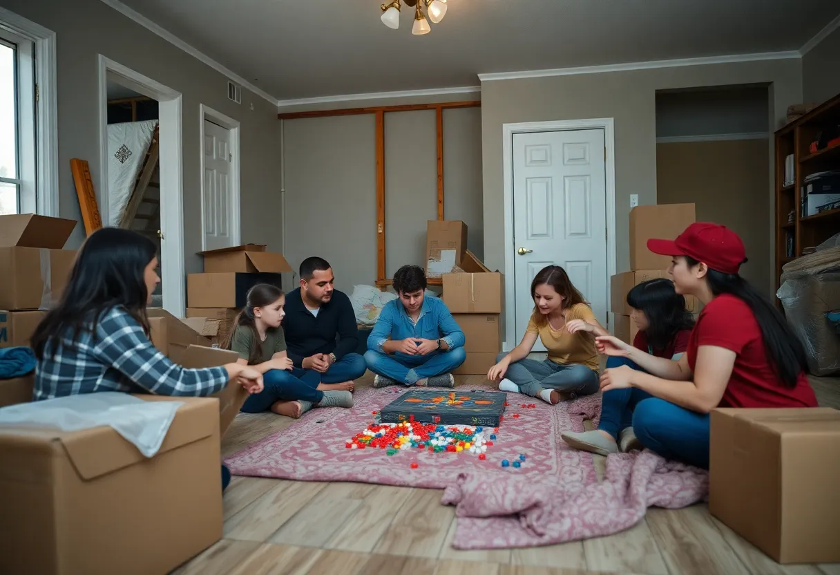 Family enjoying a game night in a flood-damaged home