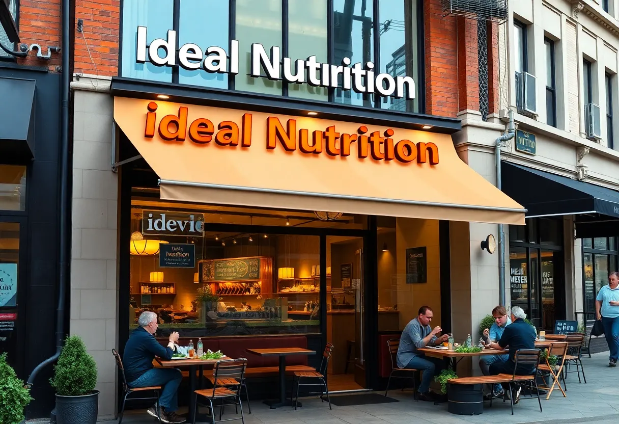 Exterior of Ideal Nutrition storefront in St. Petersburg with healthy meal options displayed.