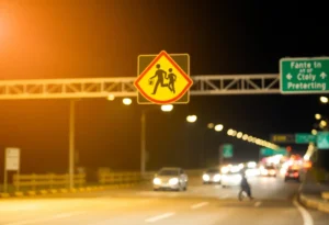 Night view of a busy highway intersection with traffic lights