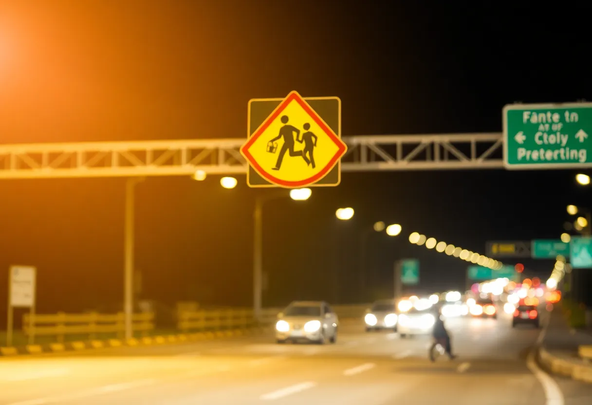 Night view of a busy highway intersection with traffic lights
