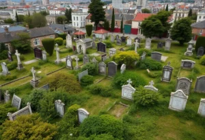 Aerial view of Lincoln Cemetery with gravestones and surrounding cityscape