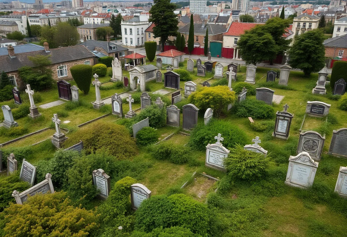 Aerial view of Lincoln Cemetery with gravestones and surrounding cityscape