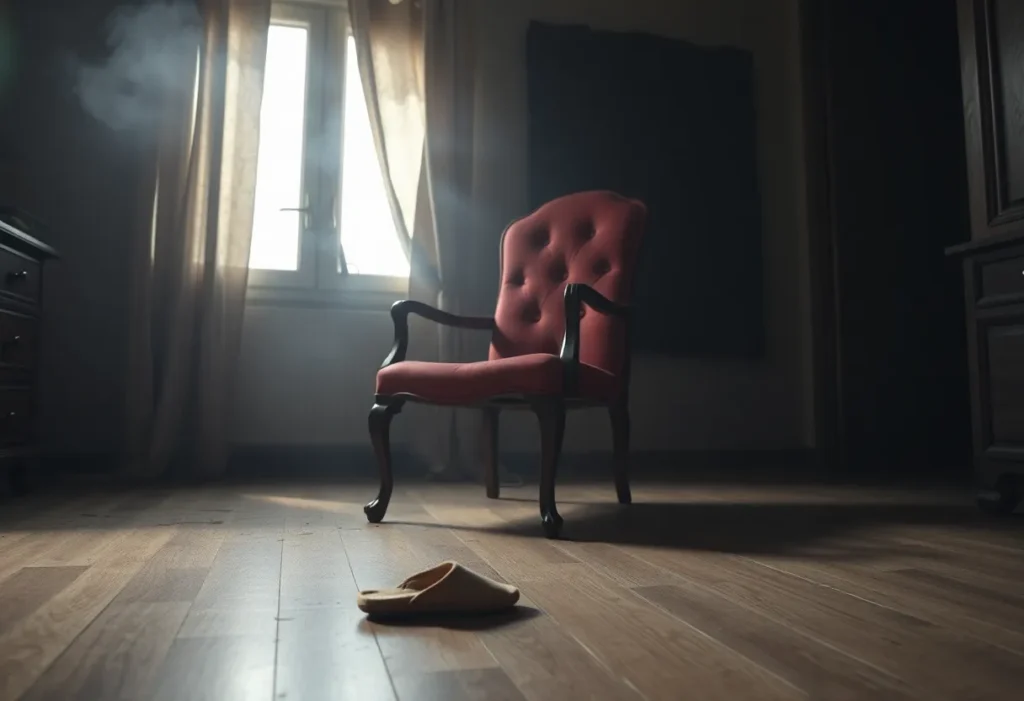 An artistic representation of an apartment with smoke damage and a slipper, symbolizing the strange case of Mary Reeser.