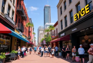 A lively street in St. Petersburg's EDGE District with new businesses and people.