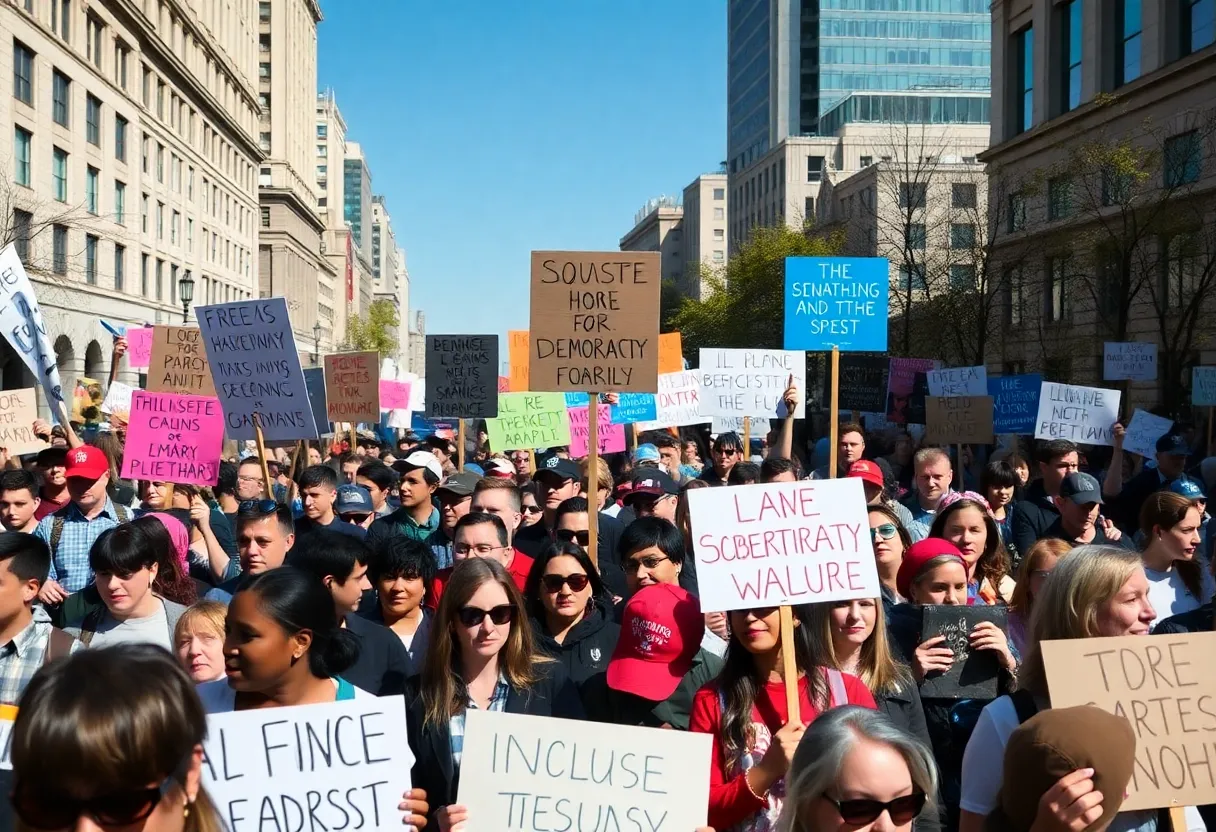 Participants of the No Kings protests holding signs advocating for democracy.