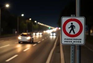 Pedestrian safety sign on a busy urban road at night