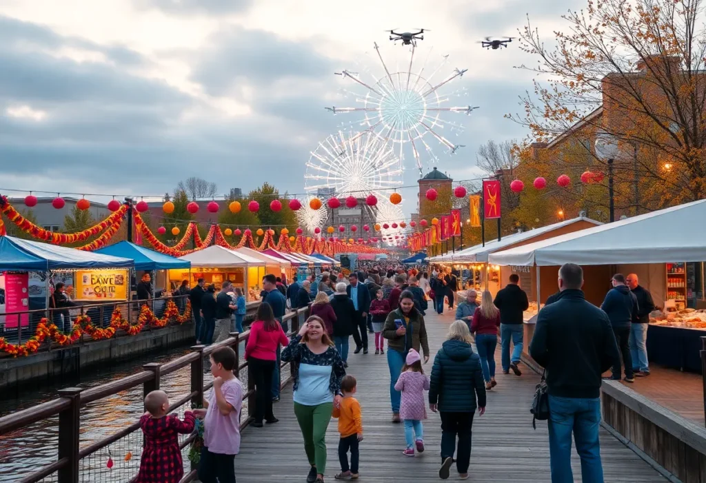 Families enjoying the St. Pete Pier 5th birthday festival with a drone show in the background.