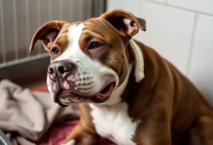 A pit bull recovering from injuries in a safe environment.