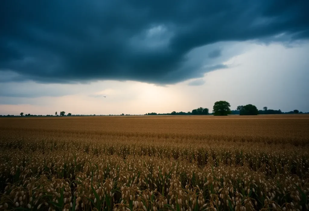 A peanut field in Levy County, Florida with a stormy sky, representing the site of a recent plane crash.