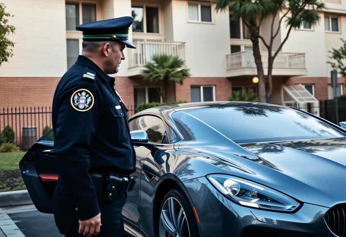 Police officer examining a luxury vehicle with evidence of illegal drugs