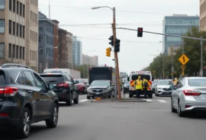 Emergency responders and damaged vehicles at an intersection in St. Petersburg
