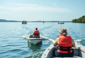 A peaceful boating scene demonstrating safe practices on water.