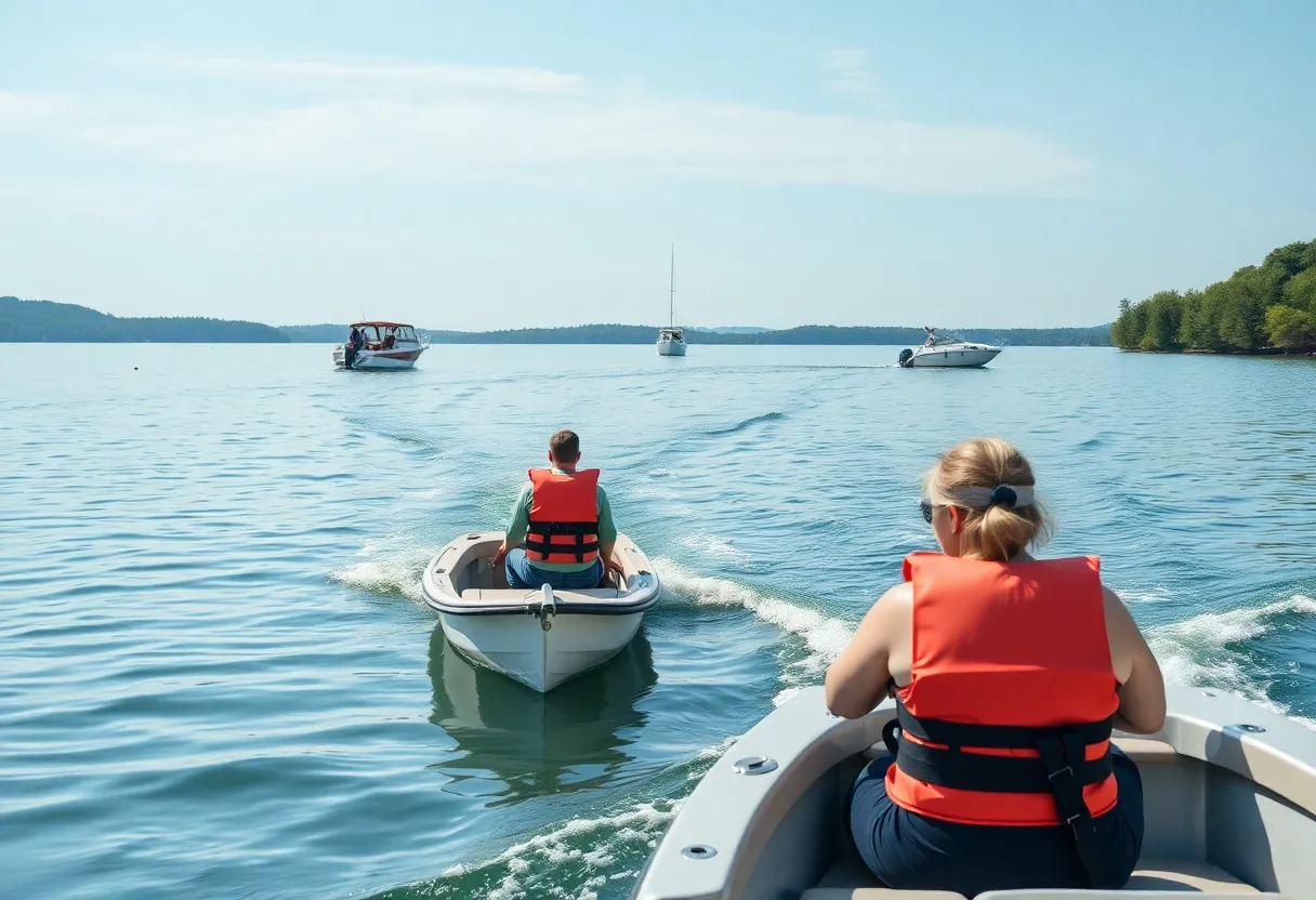 A peaceful boating scene demonstrating safe practices on water.