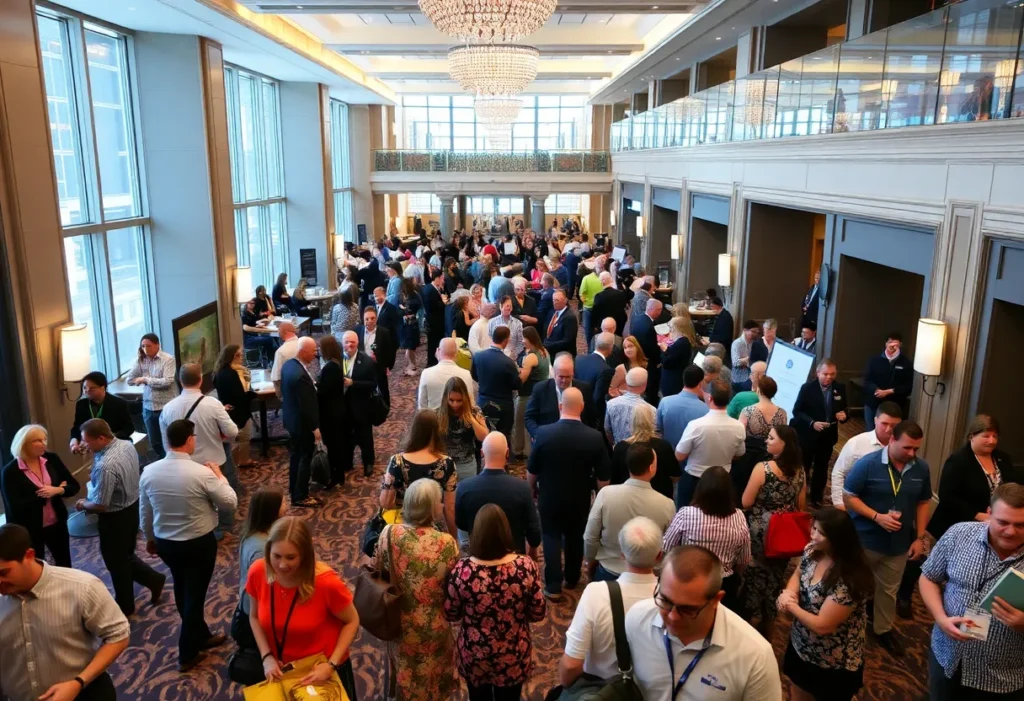 A crowded hotel lobby in San Francisco during an event