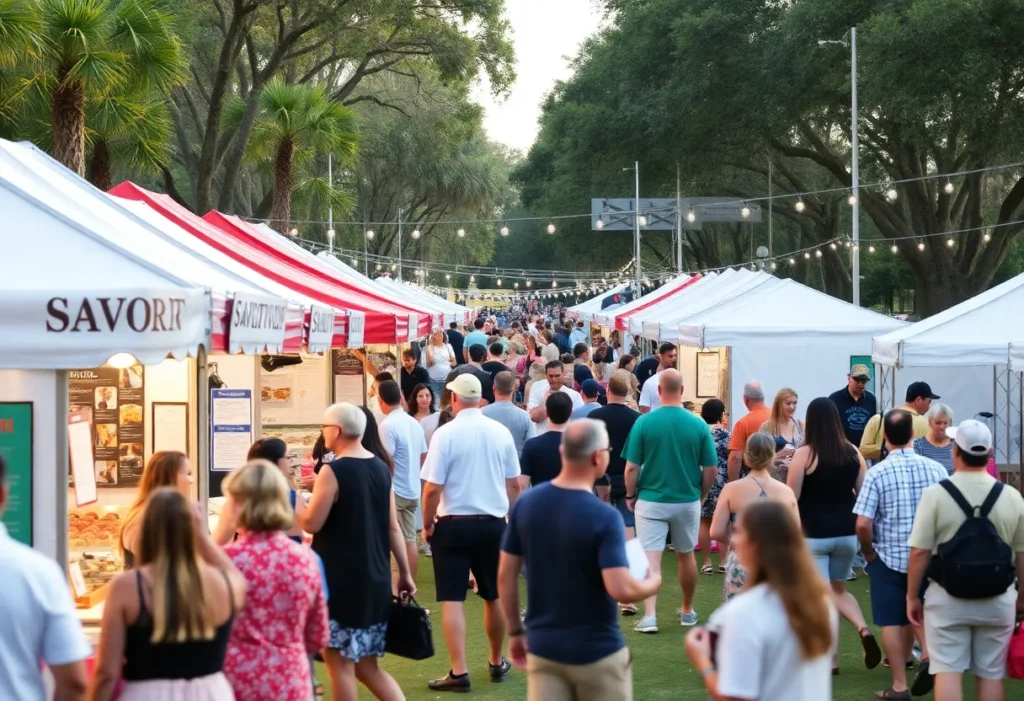 Attendees exploring various food vendors at the SAVOR St. Pete Food and Wine Festival.