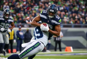 Seattle Seahawks player making a tackle during a game