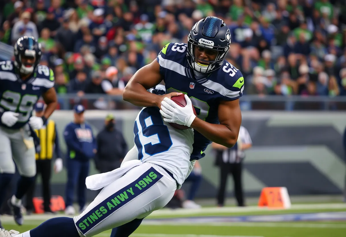 Seattle Seahawks player making a tackle during a game