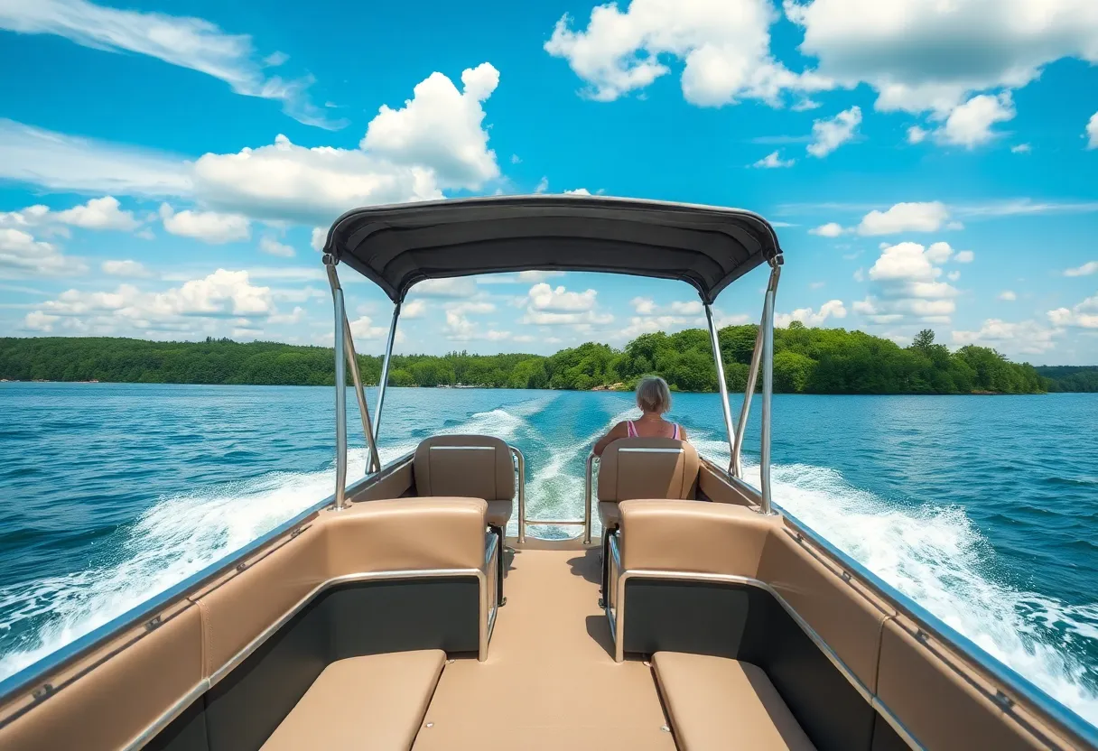 Pontoon boat on a lake during a charity voyage