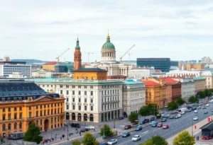 Cityscape view of St. Petersburg, featuring historical and modern buildings.