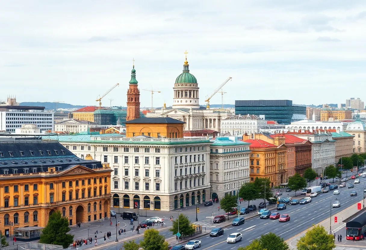 Cityscape view of St. Petersburg, featuring historical and modern buildings.