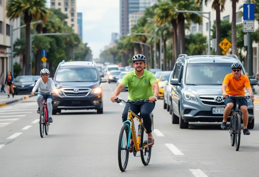 Urban street in St. Petersburg showcasing e-bike riders and traffic