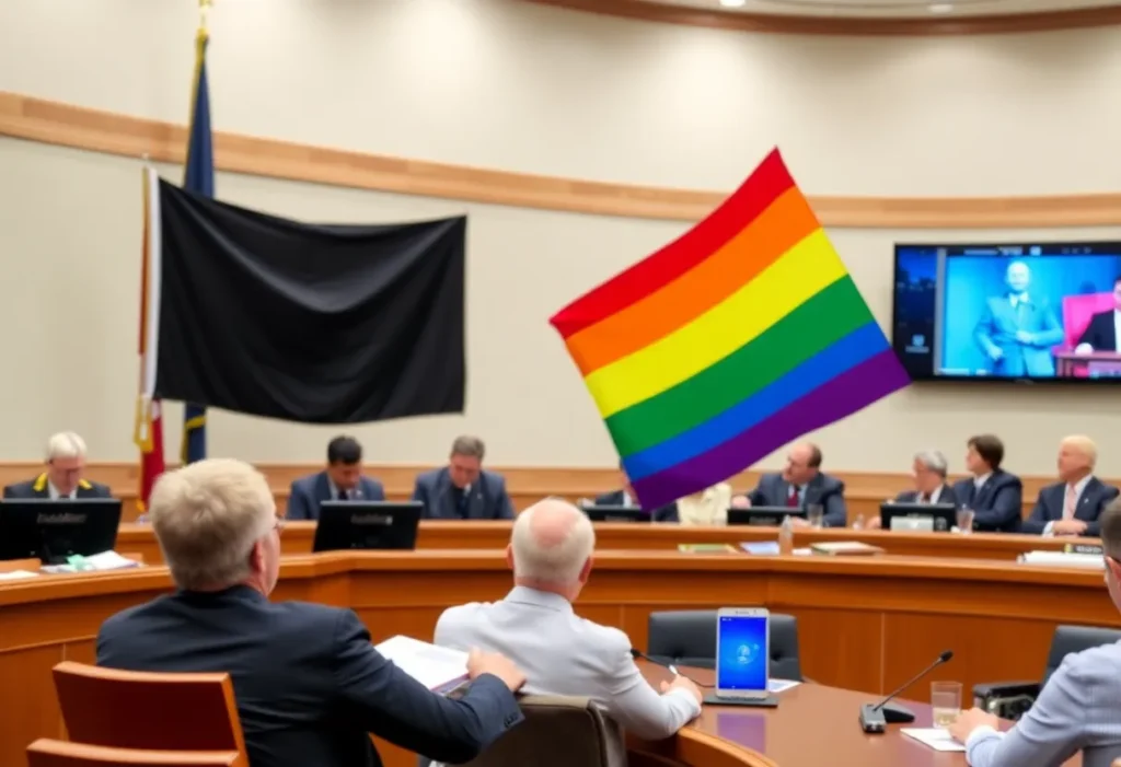 City council meeting discussing LGBTQ+ and racial history flag proposals