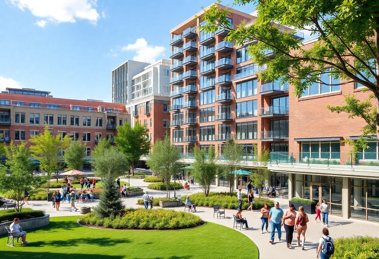Illustration of the proposed redevelopment in St. Petersburg Gas Plant District featuring schools, parks, and housing