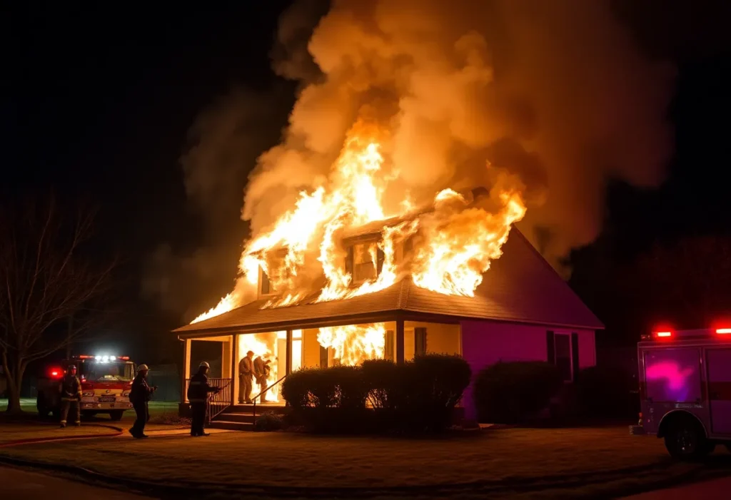 Firefighters battling a house fire in St. Petersburg at night