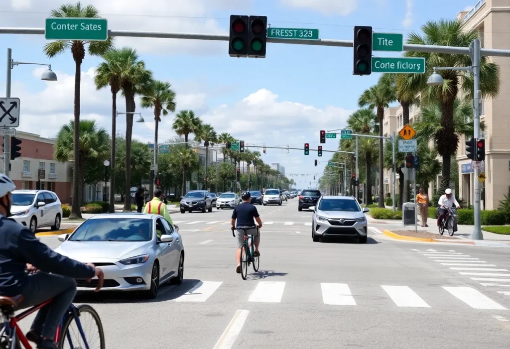 Busy intersection in St. Petersburg with cyclists and cars