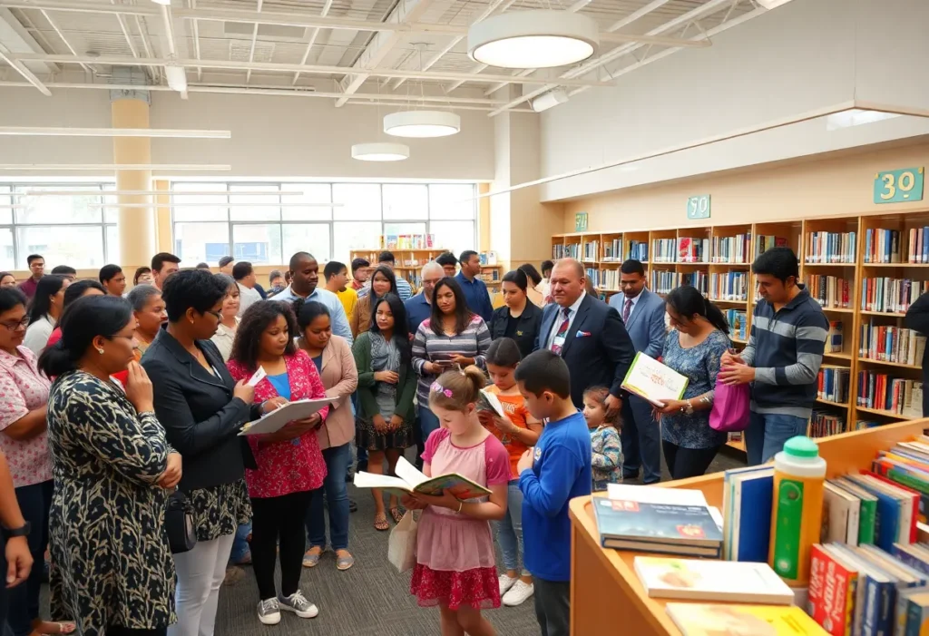 Community members celebrating the reopening of the St. Petersburg Library