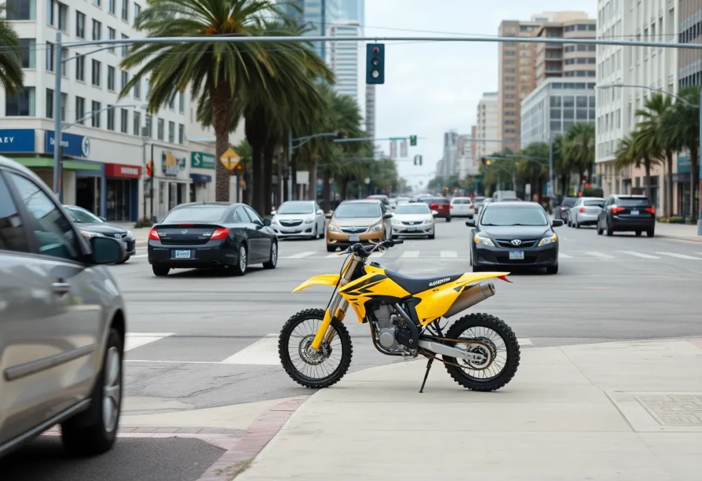 Accident scene at an intersection in St. Petersburg featuring a yellow dirt bike.