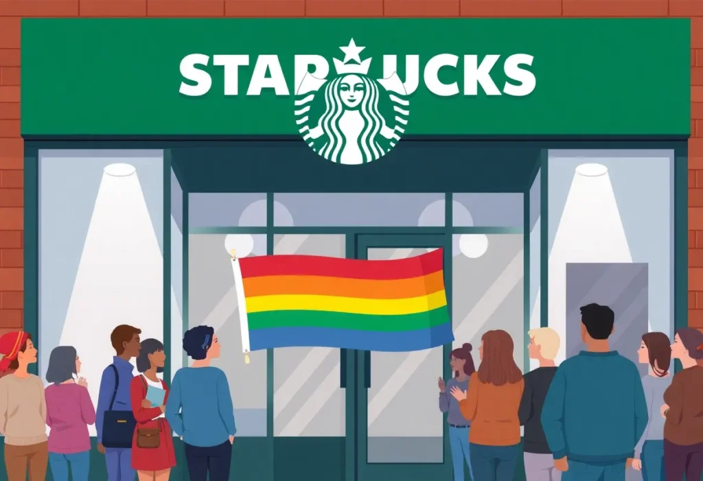 Starbucks storefront featuring a Pride flag with people in front