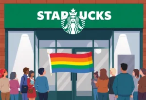 Starbucks storefront featuring a Pride flag with people in front