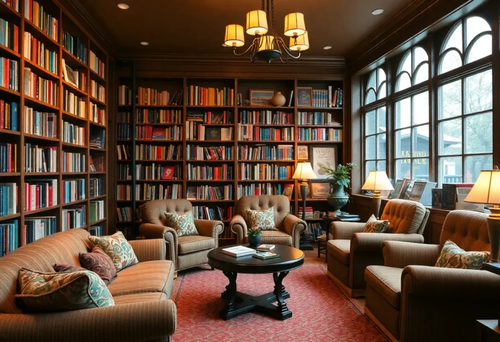 Interior of The Book Lounge filled with books and cozy seating