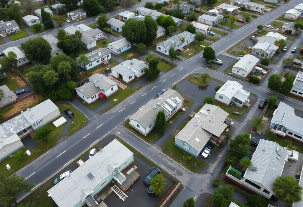 Aerial view of Twin City Mobile Home Park showing damaged homes after a hurricane.