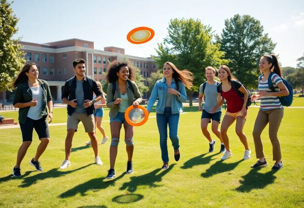 Students playing Ultimate Frisbee at university campus
