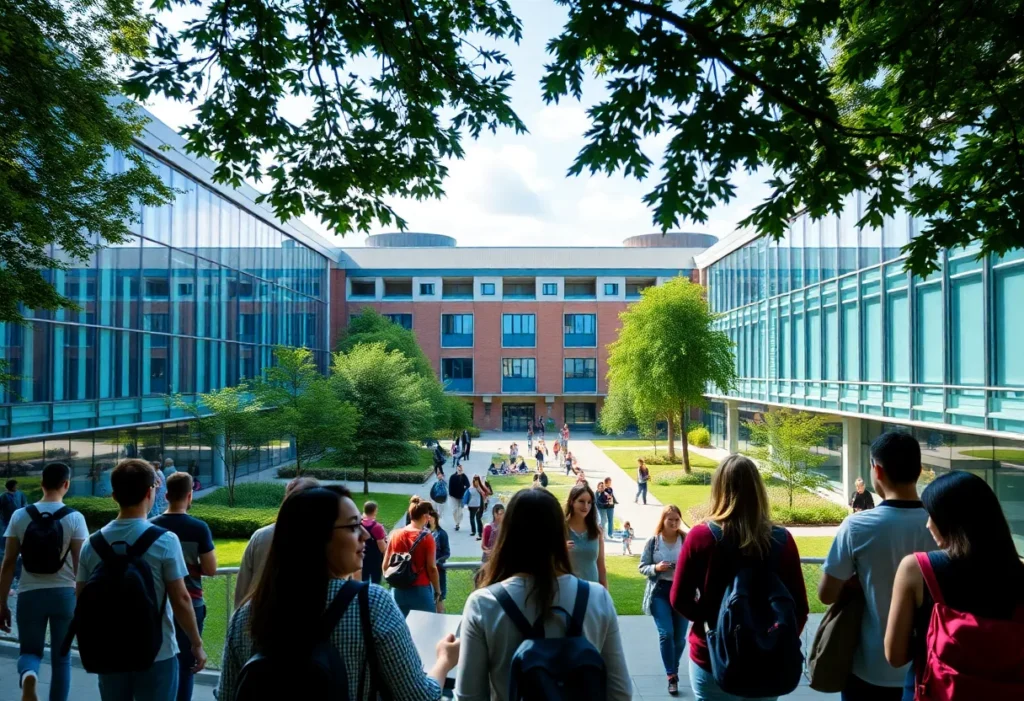 Students engaging on a university campus with modern architecture
