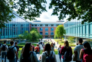Students engaging on a university campus with modern architecture